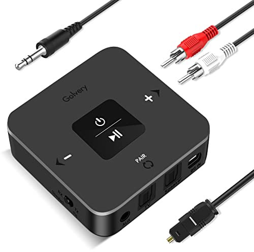 Golvery Bluetooth 5.0 Transmitter Receiver for TV, 2 in 1 Bluetooth Aux Adapter for PC/DVD/MP3/Car/Home Stereo/Speaker/Gym, Optical/RCA/AUX Connection, 25 Hours Playtime, Pair 2 Devices Simultaneously