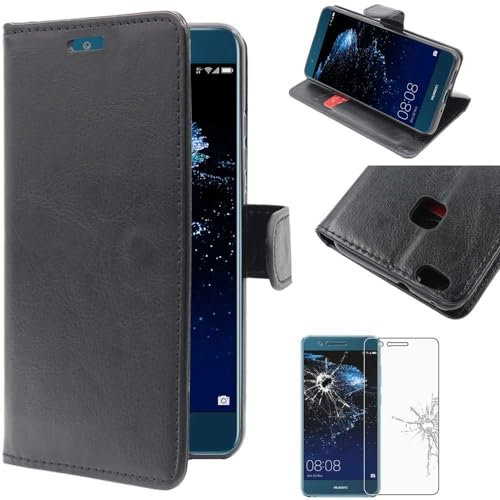 ebestStar - kompatibel mit Huawei P10 Lite Hülle Kunstleder Wallet Case Handyhülle (PU Leder), Kartenfächern, Standfunktion, Schwarz + Panzer Schutz Glas