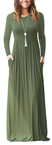 AUSELILY Women's Casual Long Sleeve Maxi Dress Loose Long Dresses with Pockets Army Green M
