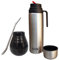 Gaucho Bruno Yerba Mate Cup, Straw, Flask Set - Ceramic Gourd Mug, Stainless Steel Bombilla Drinking Straws and 1 Litre Flask with Red Pouring Spout - Reusable Home and Travel Drinks Kit - Black