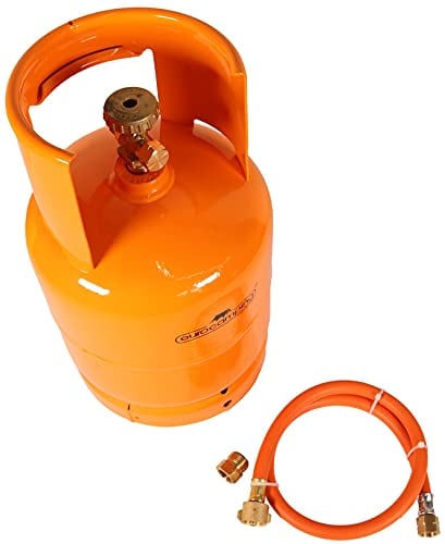 GARDINGER Set befüllbare 3 kg Gasflasche orange mit Kragen Propan/Butan mit Anschluss 3/8 + Adapter + Umfüllschlauch