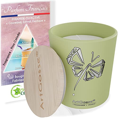 ArtGosse Duftkerze, nachfüllbar, 50 Stunden + Geschenkbox aus Holz, Grün & Silber, 360 g (Pina Colada)