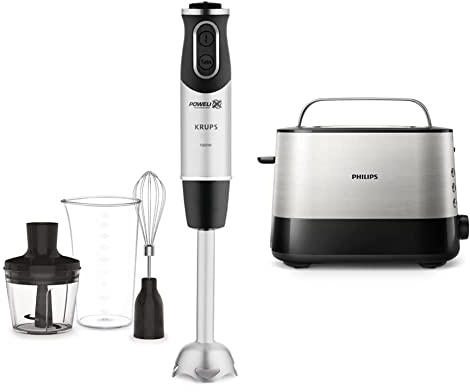Krups Perfect Mix Stabmixer HZ6568 | Blender | 1000 W | Edelstahl/dunkelgrau & Philips Domestic Appliances HD2637/90 Toaster, 7 Stufen, Brötchenaufsatz, Stopp-Taste, 1000 W, schwarz/edelstahl