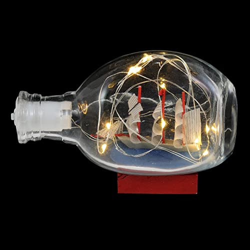 Nautical Ship in Bottle Decor with LED Lights Vintage Miniature Sailboat Desktop Ornament for Home Office Beach Tabletop Decoration Wooden Base Ocean Themed Party Decor