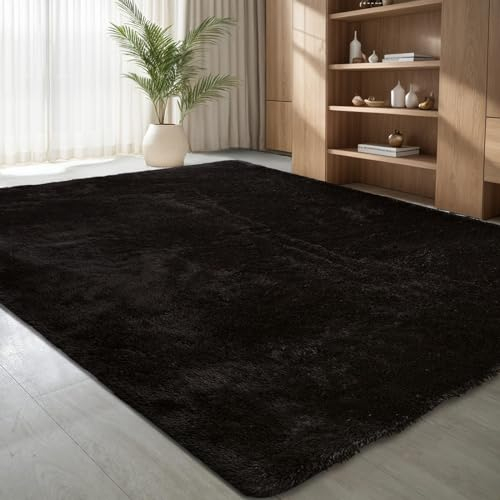 jianandi Teppich Wohnzimmer, Flauschige Weiche Teppiche für Schlafzimmer, Hochflor Waschbare Bettvorleger, Moderne Anti-Rutsch Teppich für den Eingangsbereich, Schwarz, 120 x 170 cm