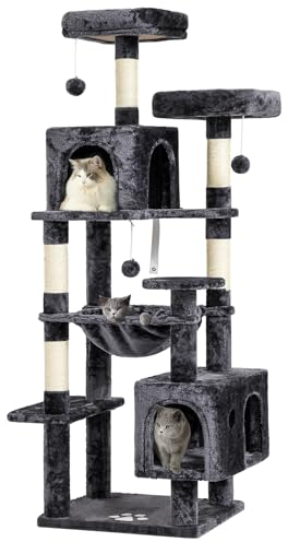 MSmask Grand arbre à chat stable en L avec 2 plateformes, 2 niches pour chats, hamac, colonnes en sisal, arbre d'escalade à plusieurs étages pour chats (gris foncé, 160 cm)
