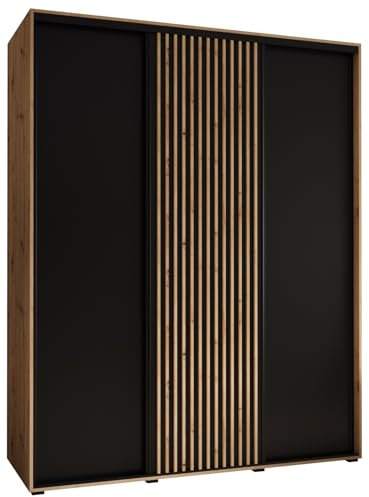 MEBLE KRYSPOL Lanko 1 Schrank mit DREI Schiebetüren mit Stange, Regale - Moderner Aufbewahrungsschrank für Schlafzimmer, Wohnzimmer - 235,2x200x60 cm - Artisan Schwarz Artisan