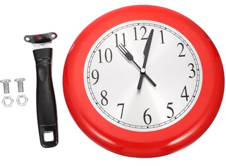 ABOOFAN 1 Set Pan Wall Clock Living Room Wall Clock Decor Frying Pan Clocks Hanging Wall Clock Battery Clock Non Griddle Pan Wall Clock Pendant Metal Stainless Steel Red Big Wall Clock