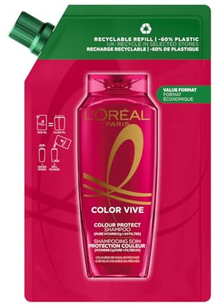 L'Oréal Paris Elvive Colour Protect Shampoo Refill Pouch, with Pure Vitamin Cg and UV filters, for Coloured & Highlighted Hair, Suitable for all hair textures, -60% less plastic, Value format, 500ml