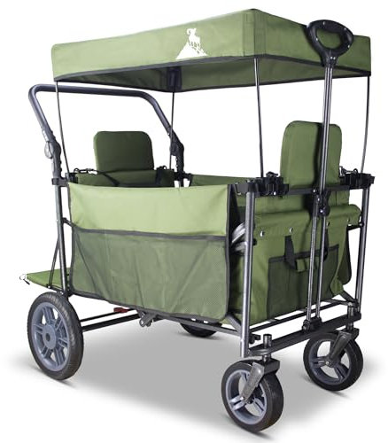 TOPWELL Bollerwagen Faltbar mit Dach, Multifunktionaler Transport-Handwagen mit Bremsen, Vorderrädern 360°, Tragfähigkeit 120kg (grün)