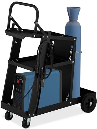 Relaxdays Welding Cart, 3 Shelves, Gas Cylinder Holder, Welder Trolley, Load Capacity 90 kg, HxWxD: 88x40x71 cm, Black, Steel, Plastic
