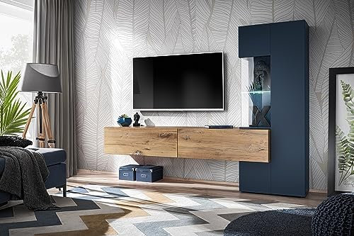 Composition Murale Marino pour TV en Bois - Bleu/Beige - L 210 X H 162 X P 40 Cm