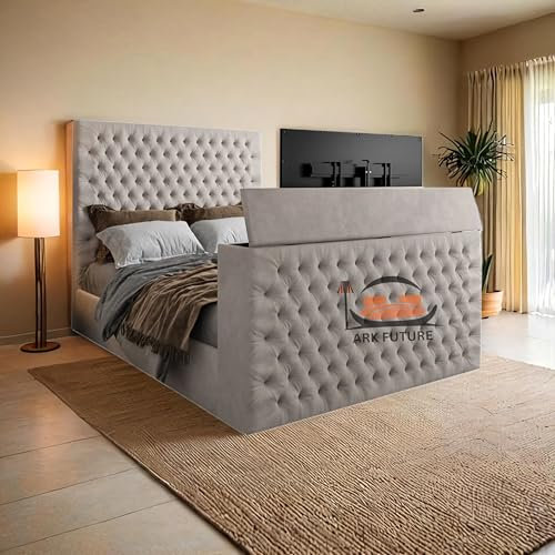 ark future Upholstered Soft Velvet TV Bed Frame with Integrated TV Lift System – Luxury French Velvet, Deep Tufted Headboard, Premium Comfort and Modern Design (Black, 4FT6 Double)