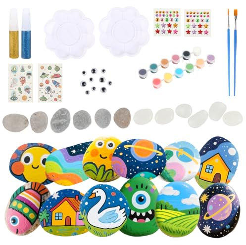 Wenrescry 12 pièces de pierres à peindre, ensemble de peinture sur pierre, ensemble d'artisanat créatif avec 12 couleurs, autocollants et colle pailletée pour les arts et l'artisanat et les cadeaux