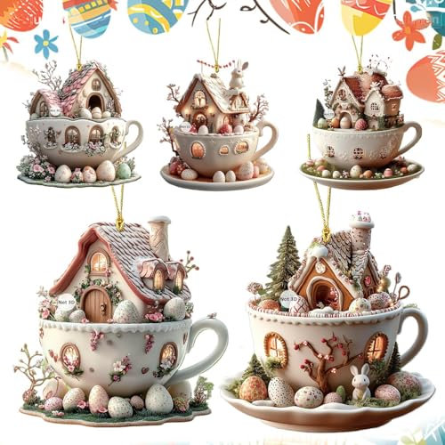 Coffee Cup House Easter Egg Ornaments | 5 Pieces Easter Bunny Pendant Decorations | Flat Chocolate Mug House Easter Pendant | Acrylic Easter Pendant Home Decoration