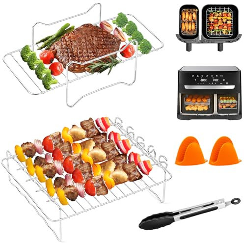 Heißluftfritteuse Zubehör für Philips Dual Basket 3000-Serie, 9L/Tefal 5,2/3,1 L Easy Fry, 2 Stück Luftfritteusenständer mit 5 Spießen,Air Fryer Zubehör für Tefal EY9018/Philips NA350/00