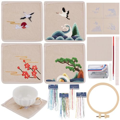 WEBEEDY 4 Stickerei-Set für Anfänger Asiatische Stil Kraniche Kirschblüten DIY Stickuntersetzer Mit Gedrucktem Muster Stickrahmen Faden Für Frauen Einweihungsgeschenk