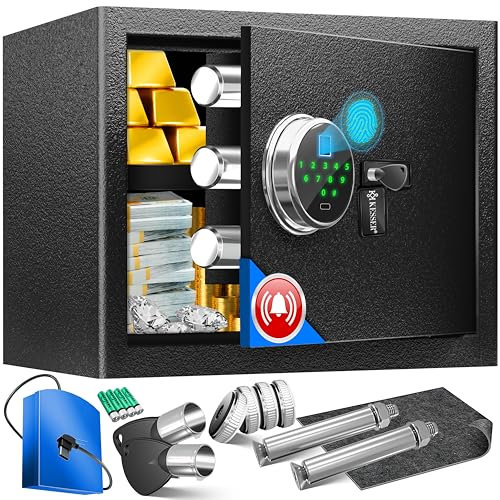 KESSER® Elektr. Tresor mit Fingerabdruck & Schlüssel L | Inkl. Notfallakku | Elektronischer Safe | 3x Doppelbolzenverriegelung | Boden Wandtresor | Möbeltresor | Panzerschrank Zahlenschloss Schwarz