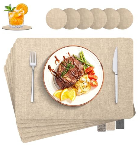 Tischsets Abwaschbar, 6er Set Leinenimitat Lederoptik Platzset und Untersetzer, Hitzebeständig Doppelseitigen, 30x43cm Tischuntersetzer rutschfest für Hause Küche Restaurant und Hotel(Beige)