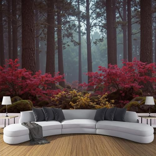 Fototapete 150x105cm, Dunkle Und Melancholische Ölgemälde Seide Tapeten Nebelwald XXL Moderne Wandtapete Wand Dekoration für Wohnzimmer Schlafzimmer, Rotbraun