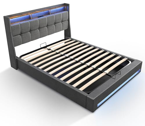 Oyajia Polsterbett, 140 X 200 cm, Led-Beleuchtung (Kopf- Und FußTeil), 2,4-Ghz-Fernbedienung (Mit Akku), 1 USB-Anschluss, 1 USB-C-Anschluss, Stauraum Am Bett Bettgestell Bed Frame Bett Bettrahmen