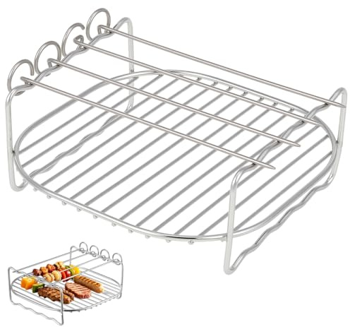 SHINEOFI Airfryer Zubehör Doppelter Edelstahl Grillrost mit SpießenEckig für Heißluftfritteuse Backofen Und Dampfgarer, 6.69X6.69X2.76In