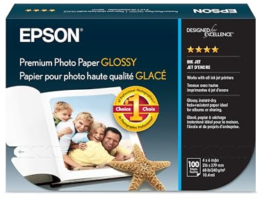 Epson Premium Photo Paper Glossy, 4 x 6 Inches, 100 Sheets (S041727)
