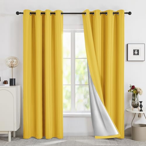 Deconovo Set di 2 tende per camera da letto, soggiorno, per porta finestra, con isolamento termico, 140 x 175 cm, colore: Giallo