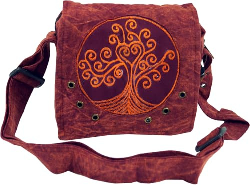 GURU SHOP Ethno Schultertasche Stonewash `Tree of life`, 100% Baumwolle | verstellbarer Schultergurt, handgefertigt, Reißverschlussfächer, aufwendige Stickerei, Symbolik des Lebensbaumes