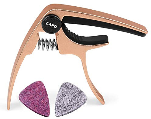 Ukulele Capo, with 2 Felt Picks for Soprano and Concert Ukulele – Professional and Lightweight Mini Size Zinc Alloy 4 String Uke Kapo (Gold)