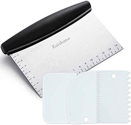 KAISHANE - Cortador de masa de acero inoxidable, rascador de masa metálico y 3 cortadores rascadores de plástico flexible para masa de bizcochos