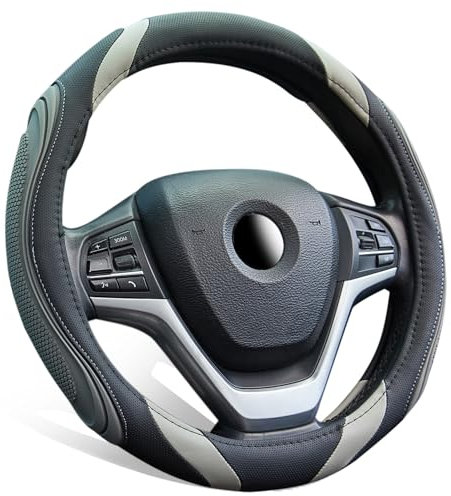 XCBYT Lenkradbezug Auto Universal 37-38cm, Super Anti-Rutsch Lenkradhülle in Leder, Sportlich Lenkradschoner für Sommer Winter, Grau