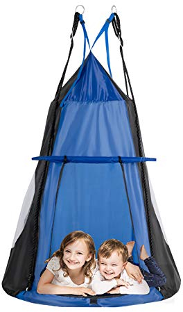 DREAMADE Nestschaukel mit Zelt, Hängezelt Höhenverstellbar Gartenschaukel, Schaukelnest Hängenest mit Tür Fenster, Tellerschaukel max.Tragfähigkeit 150kg, für Baum Garten Kinderzimmer (blau)