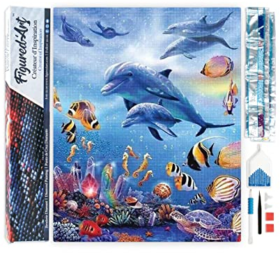 Figured'Art Diamond Painting Erwachsene 40x50cm Ganze Leinwand gerollt Delfine im Meer 5D Bilder Eckige Steine - DIY Set Basteln