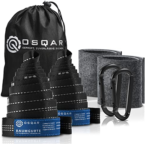 OSQAR® Österreich / 1000kg hängematte Befestigung + Schwerlast Karabiner, Längen-verstellbares Komplett-Set [2x2m inkl. Baumschutz, Karabiner, Tasche] Balken/Baumbefestigung für Nestschaukel etc