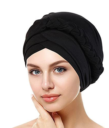 Zhiyao Beanie Damen Chemo Mützen Hijab Geflecht Kopfbedeckung Vorgebundene Haube Turban Knoten Mütze Kappe Hut für Frauen, Schwarz, Einheitsgröße