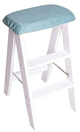 Sywlwxkq Folding Steps Folding Wooden Mini Step Ladder Stool Multifunction Kitchen Steps Library Office 3 Step (Light Blue) Removable Cushion (Color : White)