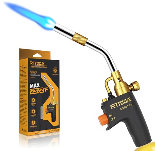 RTTOOA Propane Torch Head, GJ-8000pro High Intensity Torch Head, Trigger Start Gas Torch Kit for Propane, Pencil Flame Welding Torch Fuel by Mapp/Map/Propane, Soldering, Cooking(CSA Certified)