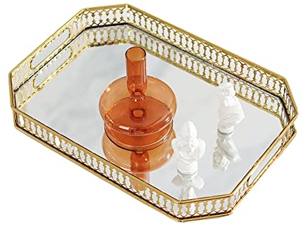 Vassoio decorativo vintage in vetro a specchio, vassoio a specchio, rettangolare, rotondo, piatto per frutta, scrivania, piccoli oggetti (rettangolare)