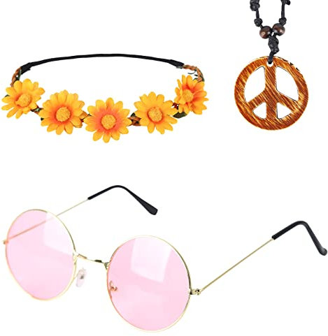 Hippie Kostüm Set 3 Stück Hippie Accessoires Kit Hippie Brille Sonnenblume Krone Haarband Friedenszeichen Halskett 60er 70er 80er Party Verkleiden Hippie Accessoires Kit
