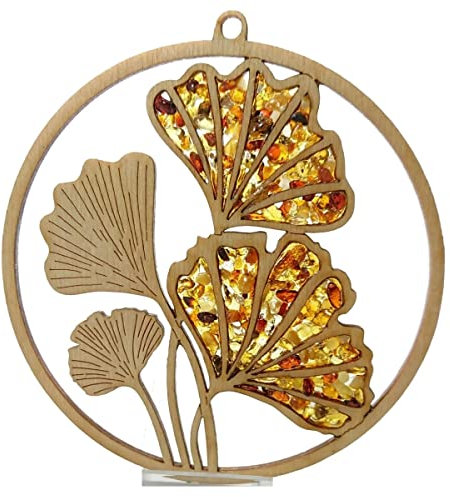 Fensterbild Fensterdeko Sonnenfänger Suncatcher Bernstein in Birkenholz Ginkgo Ø 11, inkl. Geschenkverpackung