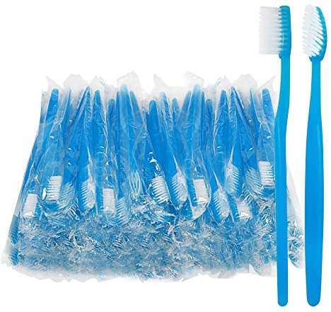 Blue Handle Toothbrushes Individually Wrapped, Multipack Disposable Toothbrushes for Hotel, Travel (20)
