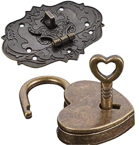2pcs Brass Hasp Clasp with Heart Shaped Lock Antique Embossing Decorative Brass Hasp for Cabinet Jewelry Box
