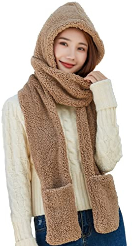 ericotry Ensemble bonnet/écharpe/gants à capuche chaud d'hiver pour femme en polaire douce siamoise avec poches à gants en peluche douce épaisse bonnet à capuche chaud casquette moufles ensemble