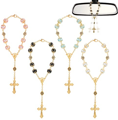 4 Stück Auto Anhänger Swinging Car Accessories, Taufe Rosenkranz-Perlen Katholisch Auto Rückspiegel Innen Dekoration Hänge Ornament Armbänder Spiegel Charms Zubehör Kreuz-Autospiegel Hängende Zubehör
