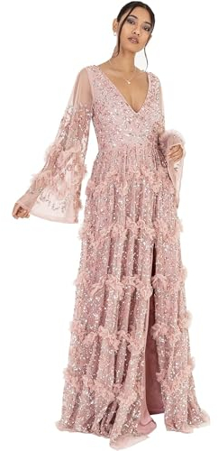 Maya Deluxe Ladies Womens Maxi Dress V Neckline Sequin with Ruffle Empire Waist Slit Split for Prom Ball Bridesmaid Wedding Guest, Robes aux Femmes, Rose Givré, 36