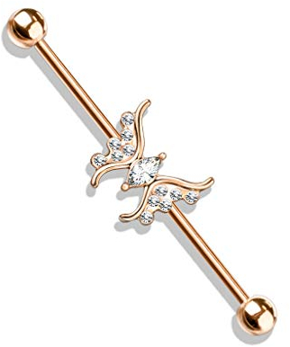 beyoutifulthings Industrial-Piercing Roségold Kristall Schmetterling Clear Industrial-Barbell Industrial-Bar Chirurgenstahl Stab-länge 38-mm