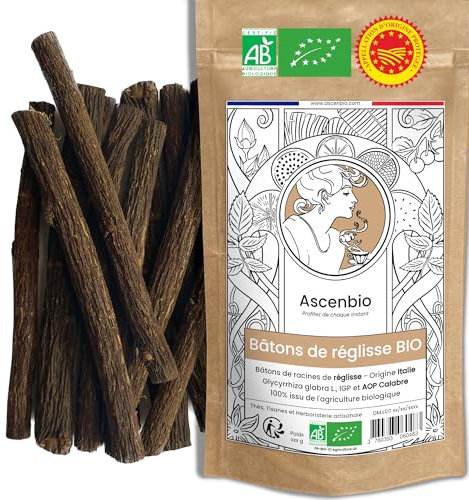 Ascenbio ✿ Bâtons de réglisse BIO Origine Italie IGP ✿ 180 g ✿ Préparé et conditionné en France ✿ Emballage biodégradable