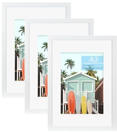 kennethan Bilderrahmen A3 Weiß Fotorahmen mit Acrylglas zum aufhängen und aufstellen Passepartout für A4 Bilder oder Zertifikate, freistehend und an der Wand montierbar