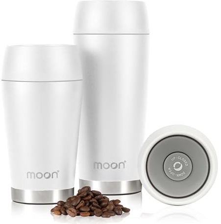 Moon 360° Travel Mugs - Leakproof Reusable Coffee Cup - Insulated Thermal Mug for Hot & Cold Drinks - Fits Car Cup Holders, Free Carry Bag (300ml, White)